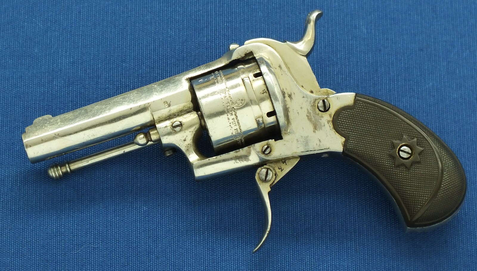 An antique Belgian made for the English market 6 shot Single and Double Action Nickel Plated Pinfire Revolver. 7mm Caliber, length 17cm. In very good condition. Price 450 euro.