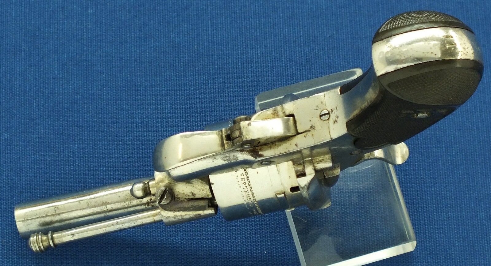 An antique Belgian made for the English market 6 shot Single and Double Action Nickel Plated Pinfire Revolver. 7mm Caliber, length 17cm. In very good condition. Price 450 euro.