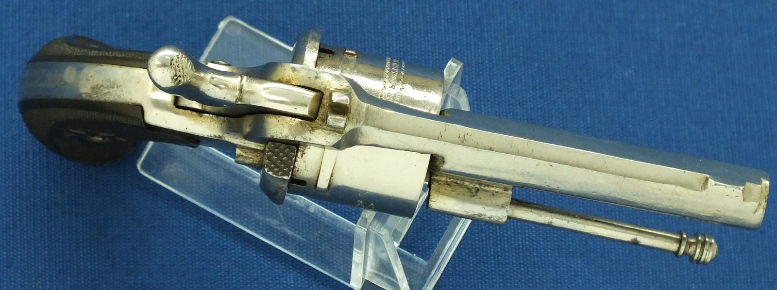 An antique Belgian made for the English market 6 shot Single and Double Action Nickel Plated Pinfire Revolver. 7mm Caliber, length 17cm. In very good condition. Price 450 euro.