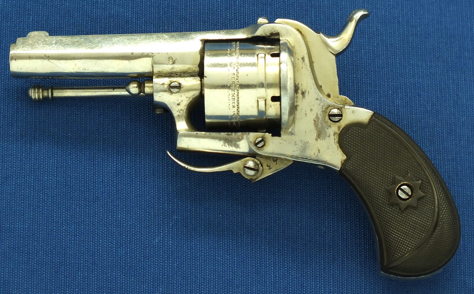 An antique Belgian made for the English market 6 shot Single and Double Action Nickel Plated Pinfire Revolver. 7mm Caliber, length 17cm. In very good condition. Price 450 euro.