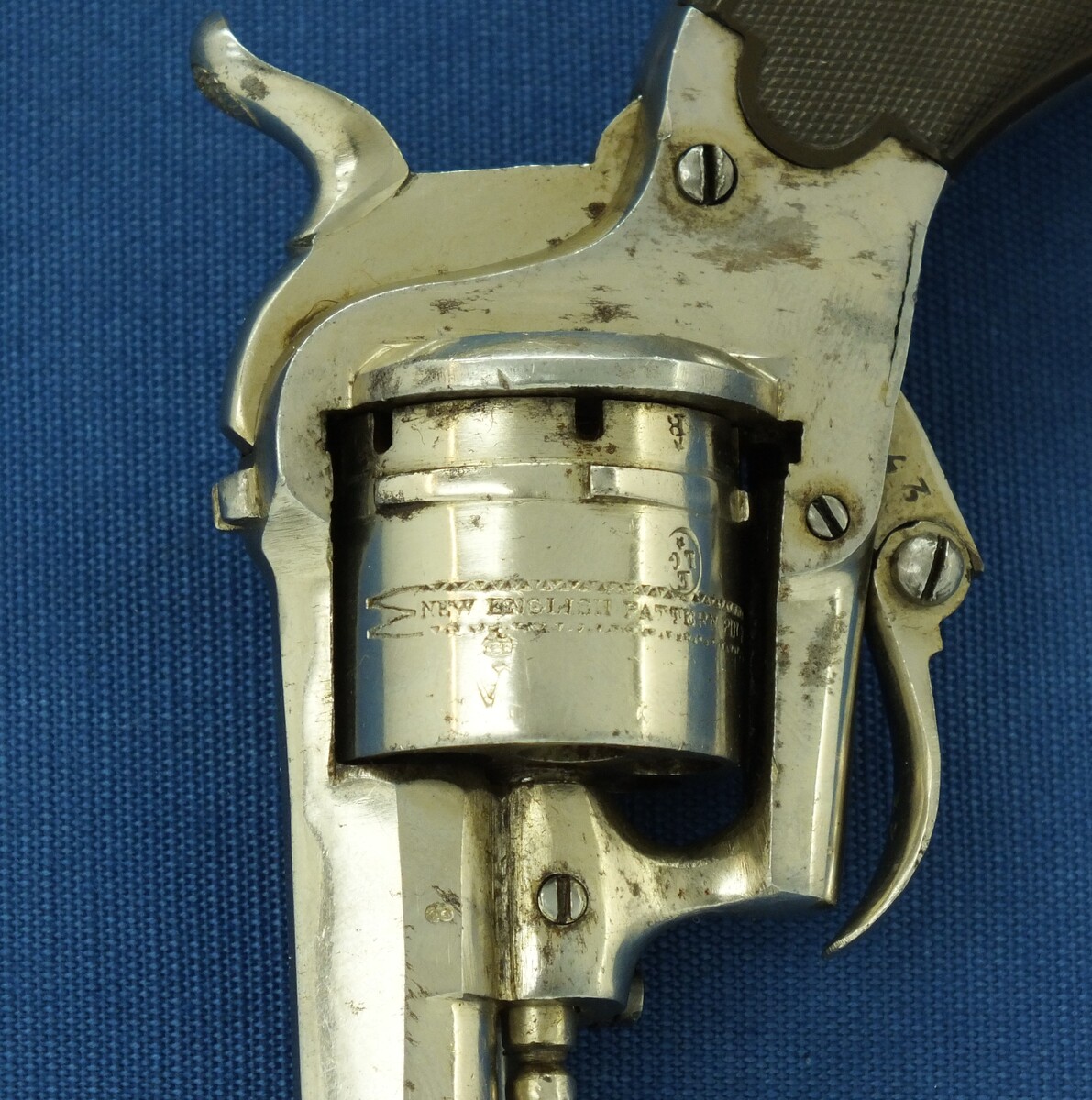 An antique Belgian made for the English market 6 shot Single and Double Action Nickel Plated Pinfire Revolver. 7mm Caliber, length 17cm. In very good condition. Price 450 euro.