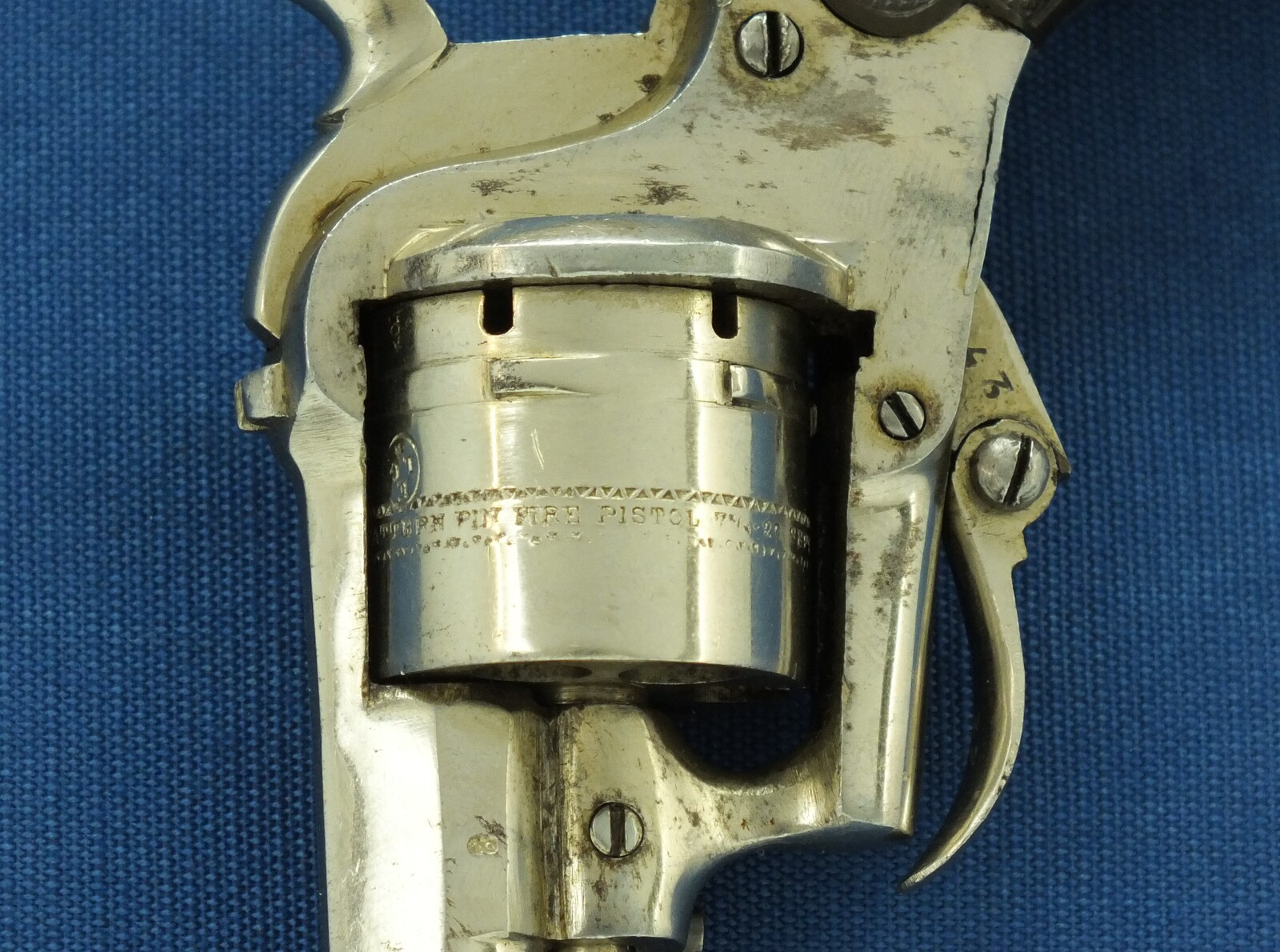 An antique Belgian made for the English market 6 shot Single and Double Action Nickel Plated Pinfire Revolver. 7mm Caliber, length 17cm. In very good condition. Price 450 euro.