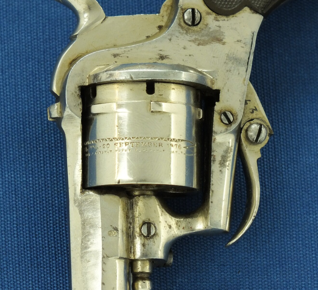 An antique Belgian made for the English market 6 shot Single and Double Action Nickel Plated Pinfire Revolver. 7mm Caliber, length 17cm. In very good condition. Price 450 euro.