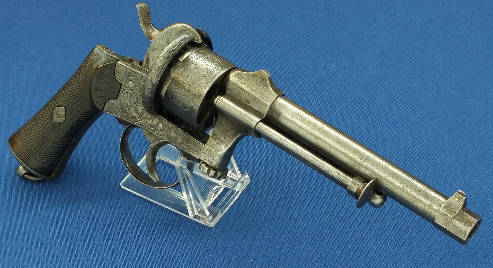 An antique Belgian Mariette Brevete 6 shot Single and Double Action Pinfire Revolver by Victor Collette Liege. Caliber 12 mm, length 30 cm, in good/very good condition. Price 995 euro