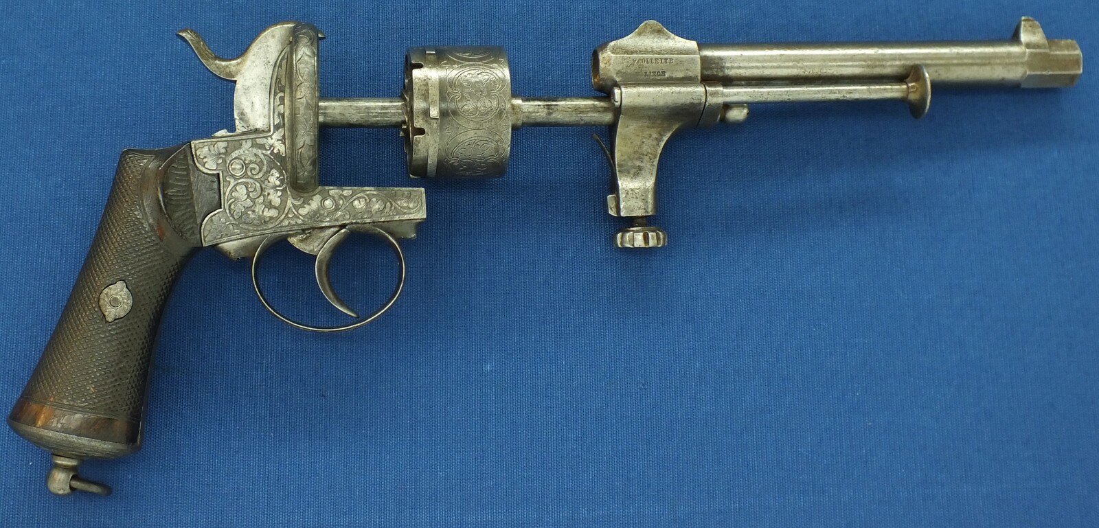 An antique Belgian Mariette Brevete 6 shot Single and Double Action Pinfire Revolver by Victor Collette Liege. Caliber 12 mm, length 30 cm, in good/very good condition. Price 995 euro