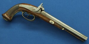 An antique Brazilian/Belgian Double Barreled Percussion Pistol by Laport Irmaos(Laport Freres) A Rio de Janeiro. Caliber 14mm smooth. 8,5 inch Damast barrels. Length 395,cm. In very good condition. Price 1.350 euro.