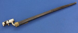 An Antique British Model 1853 Pattern Bayonet with leather Scabbard for Martini-Henry Rifle. Length 51,5cm. In good condition. Price 150 euro.