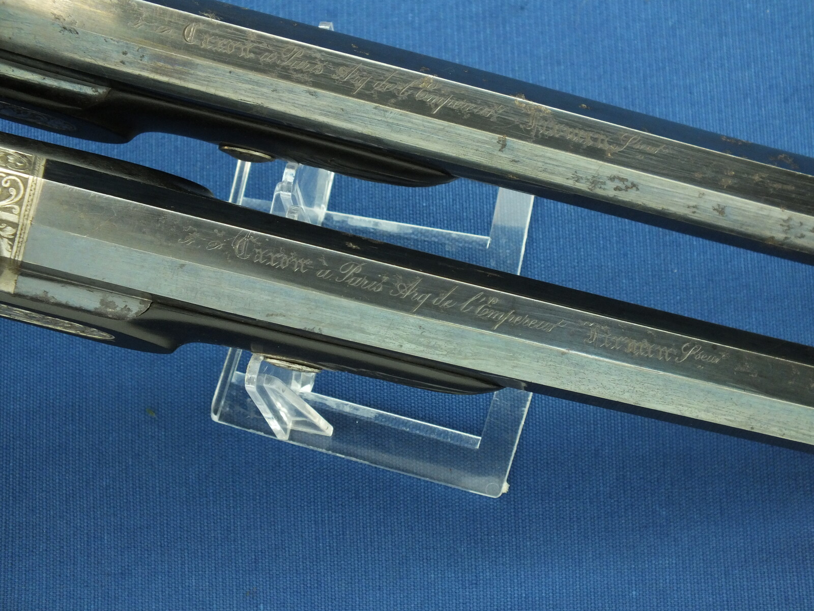 An antique cased French pair of Percussion pistols by Firmin Paris, successor of Alphonse Caron circa 1860. 12mm Caliber, length 43cm. In very good condition. Price on request.
