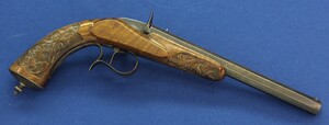 An antique French 6mm Flobert Target/Saloon pistol signed: LEFAUCHEUX ARQ. A PARIS. Length 38cm. In very good condition. Price 900 euro.