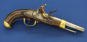 An antique French Model ANXIII Cavalry Flintlock Pistol personalised by P.Alfred Roth. Lock marked Manufacture Imperial St Etienne. Caliber 17mm, length 36cm. Barrel dated 1811. In very good condition. Price 1.950 euro.