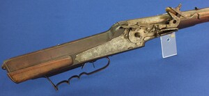An antique German 17th century Wheellock rifle with set-triggers. Caliber 10mm. 31 inch octagonal barrel. Length 110cm. In very nice untouched condition. Price 4.750 euro.