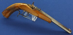 An antique German 4,5mm Target/Saloon percussion Pistol with set-trigger signed: KGL. BAYR. HOFGEWEHRFABRIK V.C. STIEGELE JUN. MÜNCHEN. 8,5 inch octagon barrel. Length 37cm. In very good condition. Price 950 euro.