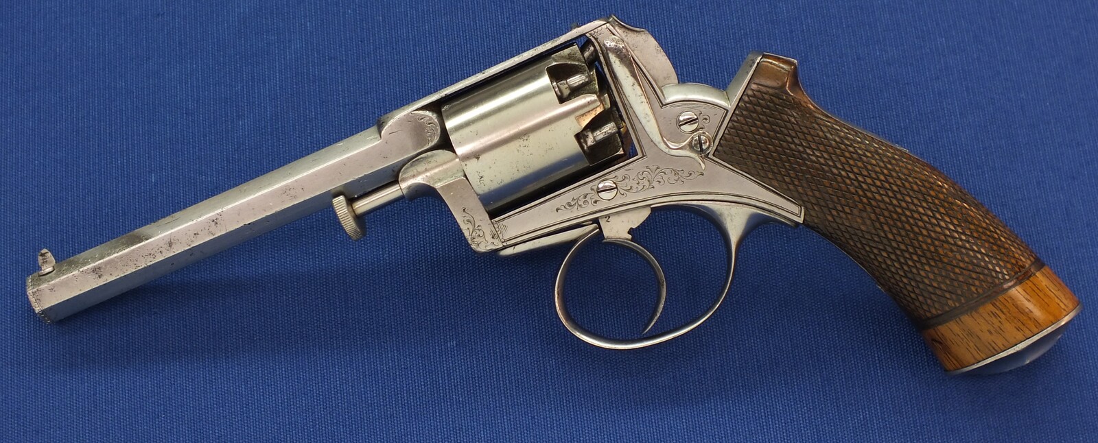 An antique German Adam's Patent 5 shot double action 9mm percussion Revolver. Length 27,5cm. In very good condition. Price 950 euro.