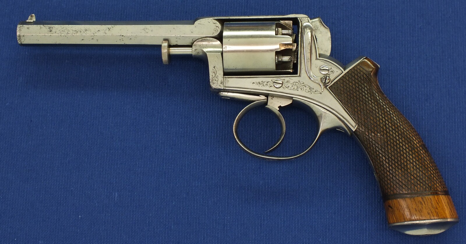 An antique German Adam's Patent 5 shot double action 9mm percussion Revolver. Length 27,5cm. In very good condition. Price 950 euro.