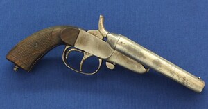 An antique Spanish Double barreled 44 caliber centerfire Pistol. 4,5 inch barrel. Length 24cm. In good condition. Price 295 euro.