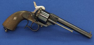 An antique Spanish Lefaucheux type model 1854 Single Action 6 shot 12mm Pinfire Revolver by: ARIZNABARRETA EIBAR. Length 32cm. In near mint condition. Price 995 euro.