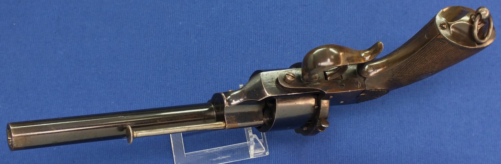 An antique Spanish Lefaucheux type model 1854 Single Action 6 shot 12mm Pinfire Revolver by: ARIZNABARRETA EIBAR. Length 32cm. In near mint condition. Price 995 euro.