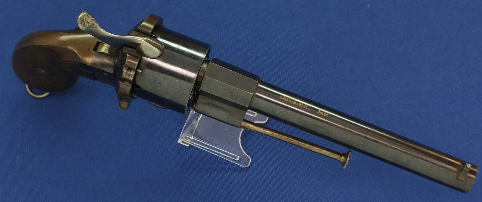 An antique Spanish Lefaucheux type model 1854 Single Action 6 shot 12mm Pinfire Revolver by: ARIZNABARRETA EIBAR. Length 32cm. In near mint condition. Price 995 euro.