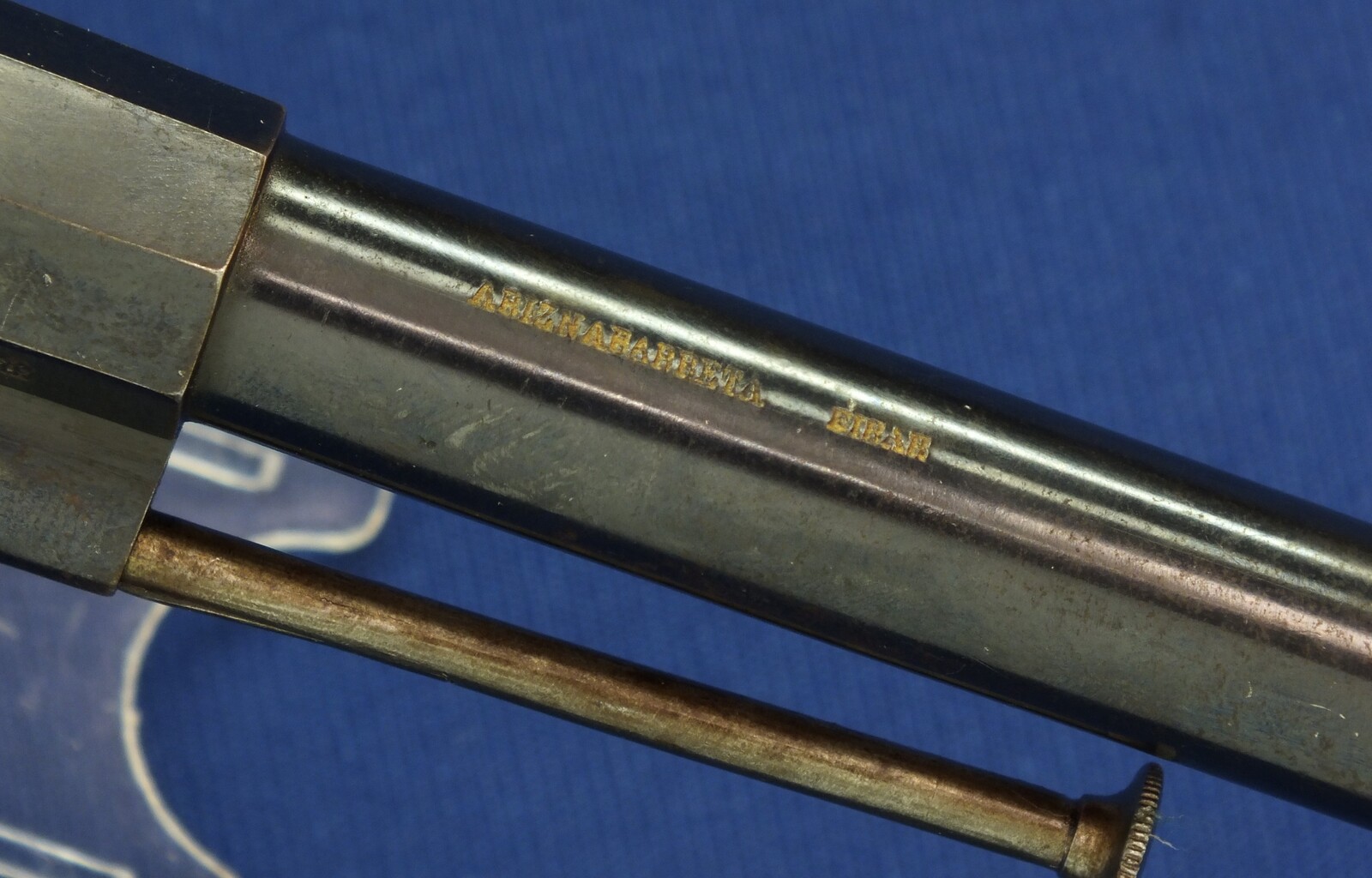 An antique Spanish Lefaucheux type model 1854 Single Action 6 shot 12mm Pinfire Revolver by: ARIZNABARRETA EIBAR. Length 32cm. In near mint condition. Price 995 euro.