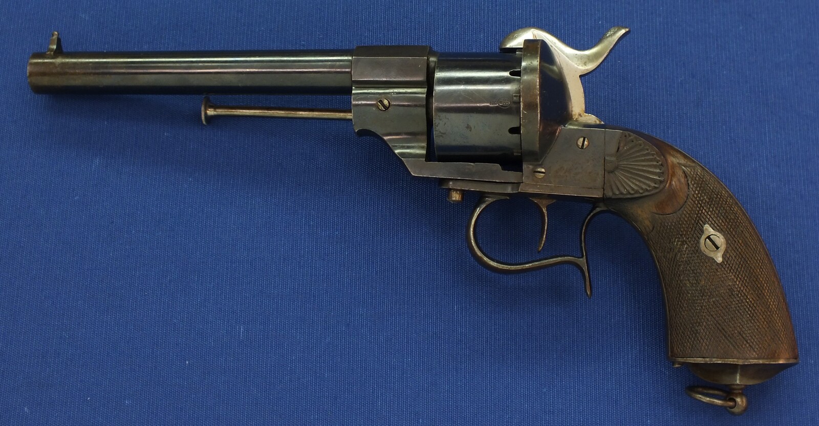 An antique Spanish Lefaucheux type model 1854 Single Action 6 shot 12mm Pinfire Revolver by: ARIZNABARRETA EIBAR. Length 32cm. In near mint condition. Price 995 euro.
