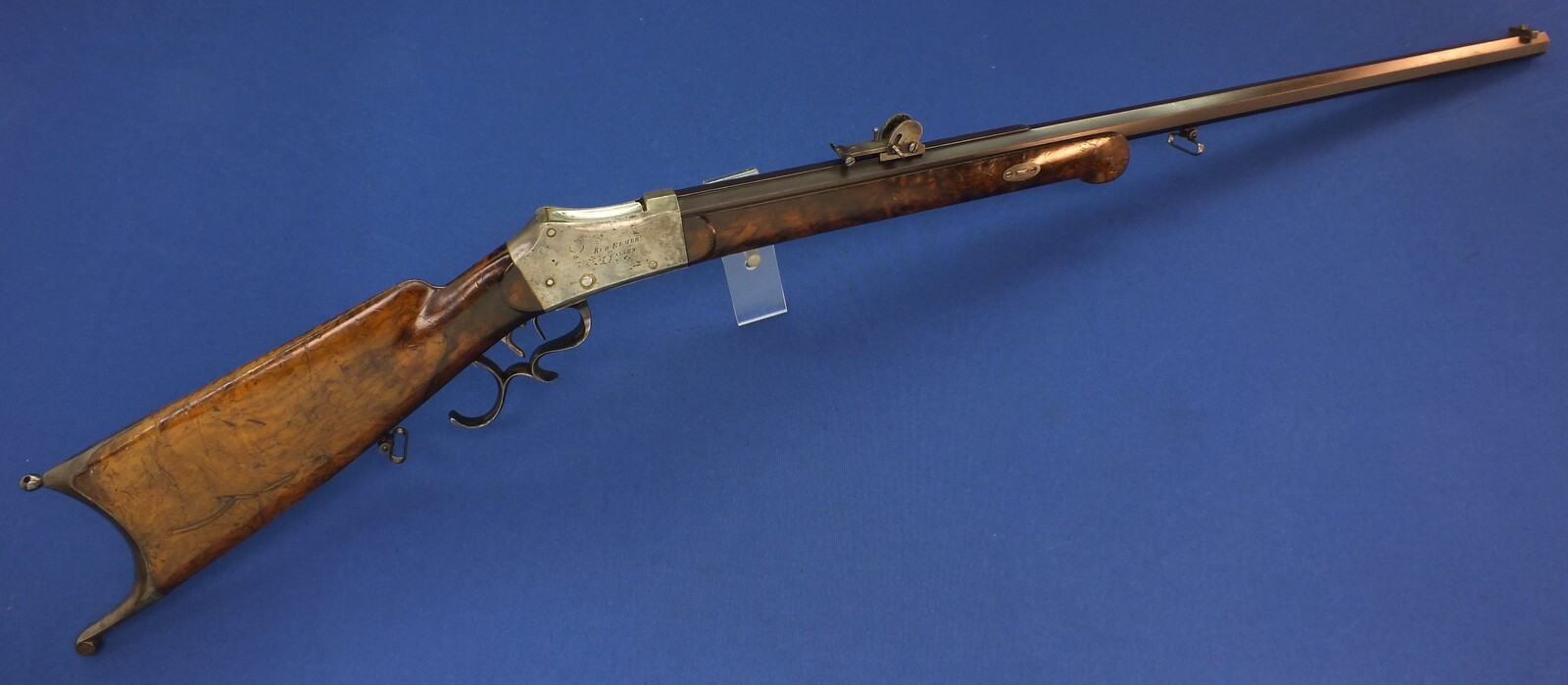An antique Swiss Martini Breechloading Stutzer-Target Rifle by Rud. Elmer St. Gallen. Caliber 41 Swiss Rim and Centerfire. Set-triggers. 80cm octagon barrel. Length 128cm. In very good condition. 
