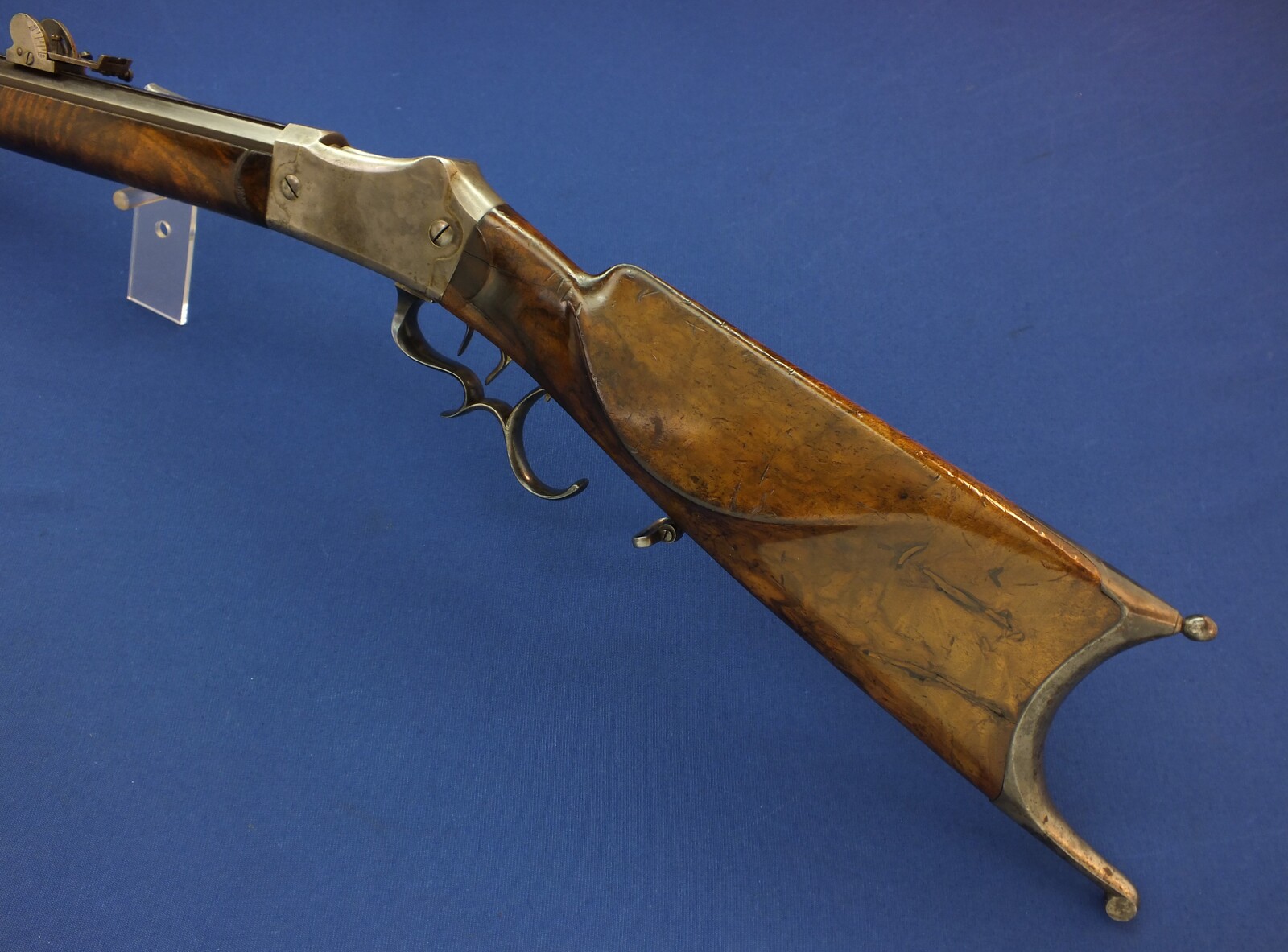 An antique Swiss Martini Breechloading Stutzer-Target Rifle by Rud. Elmer St. Gallen. Caliber 41 Swiss Rim and Centerfire. Set-triggers. 80cm octagon barrel. Length 128cm. In very good condition. 