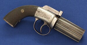 An English 6 shot Percussion Pepperbox pistol by Henry Durs Egg London (1850-69). Caliber 9,5mm, 3 inch barrel with Birmingham proofmarks. Length 21,5cm. In very good condition. Price 850 euro.
