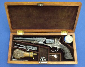 An exeptional fine antique engraved L.D. Nimschke style Cased Colt Model 1862 Police 5 shot Percussion Revolver, .36 cal, 6 1/2 inch barrel, in mint condition. Price 15.000 euro