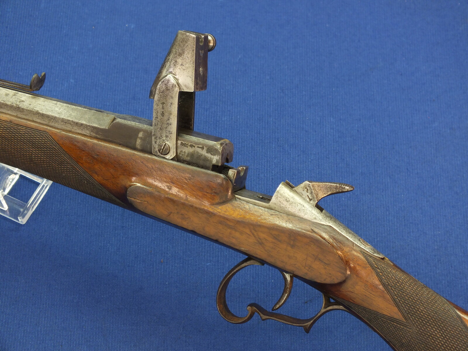 An unrestored Liege Flobert Rifle. Caliber 6mm. 62cm octagonal barrel, length 103cm. In good condition. 