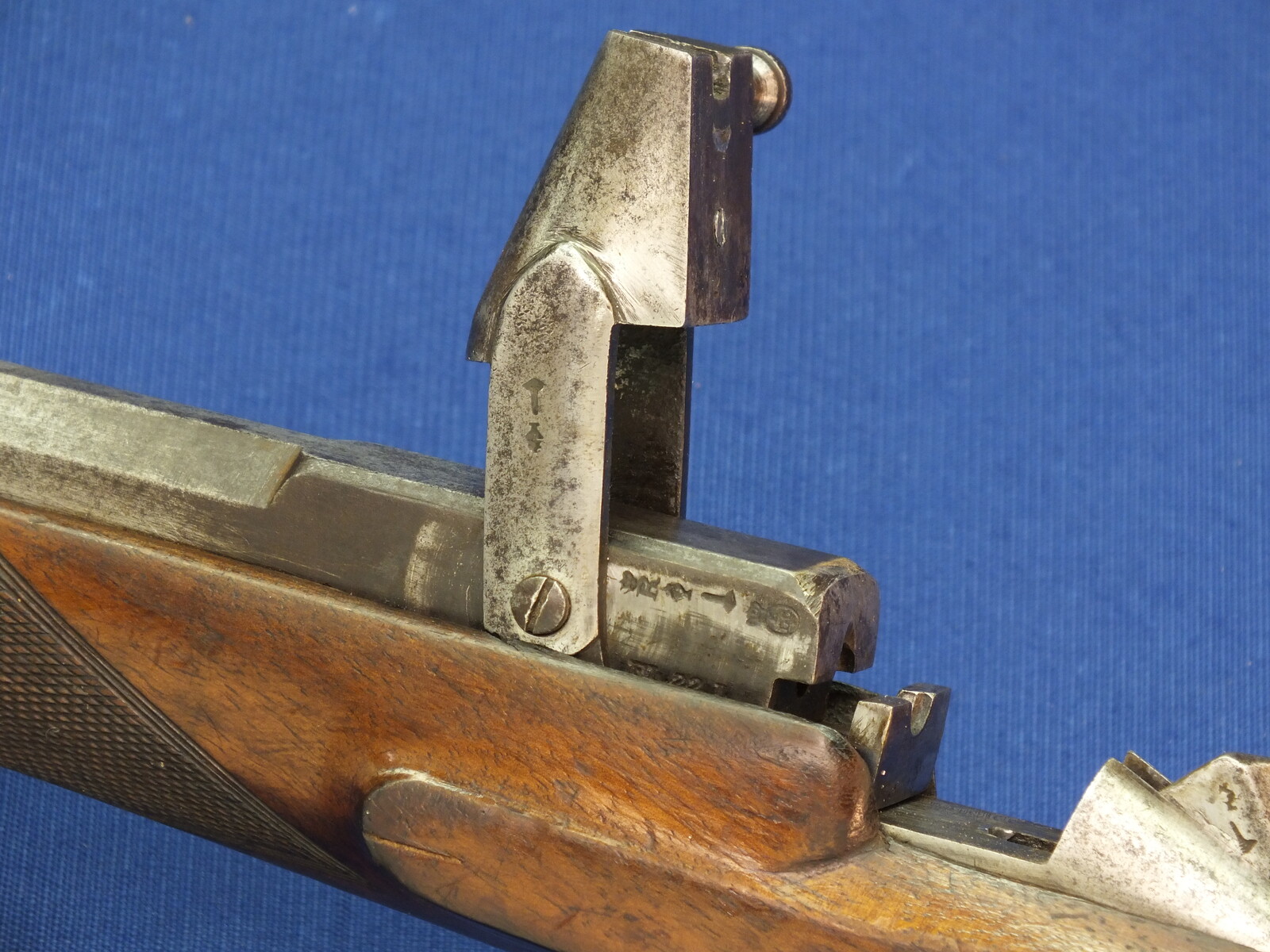 An unrestored Liege Flobert Rifle. Caliber 6mm. 62cm octagonal barrel, length 103cm. In good condition. 