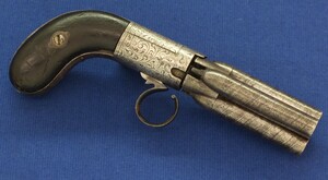 An unrestored rare HERMAN SERET BREVETE 4 shot Percussion Pepperbox with internal Hammer. 9,5mm Caliber. 3 inch barrels. Length 19,5cm. In fair condition. 